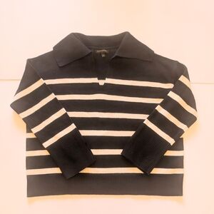 Banana Republic NWT Black White Nautical Striped Preppy V-Neck Polo Sweater